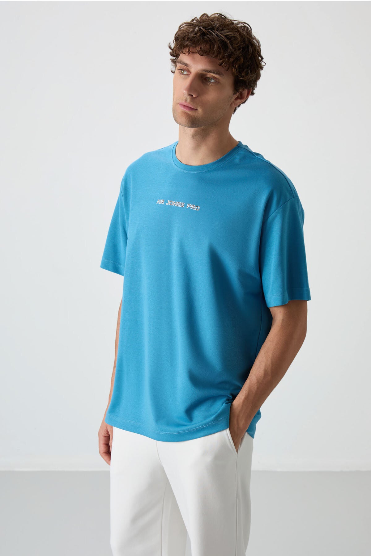 Petrol Blue Cotton Thick Textured Surface Oversize Fit Printed Men's T-Shirt - 88364