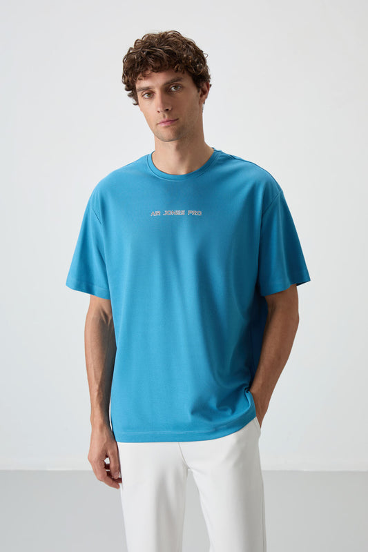 Petrol Blue Cotton Thick Textured Surface Oversize Fit Printed Men's T-Shirt - 88364
