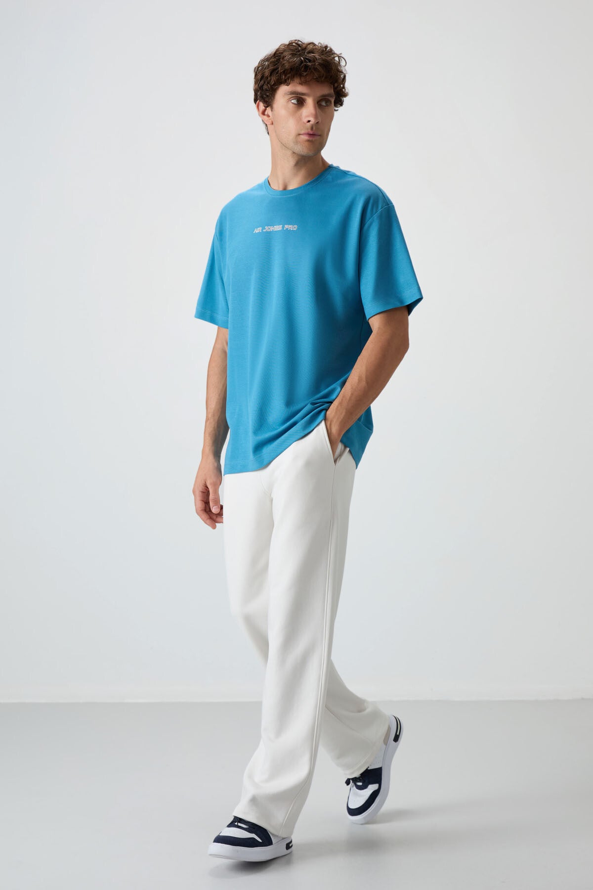 Petrol Blue Cotton Thick Textured Surface Oversize Fit Printed Men's T-Shirt - 88364