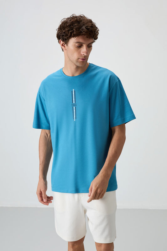 Petrol Blue Cotton Thick Textured Surface Oversize Fit Printed Men's T-Shirt - 88366