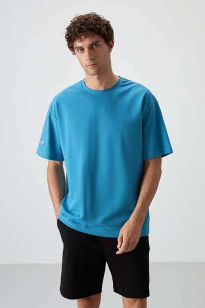 Petrol Blue Cotton Thick Textured Surface Oversize Fit Printed Men's T-Shirt - 88369