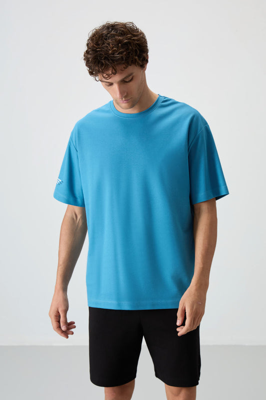 Petrol Blue Cotton Thick Textured Surface Oversize Fit Printed Men's T-Shirt - 88369