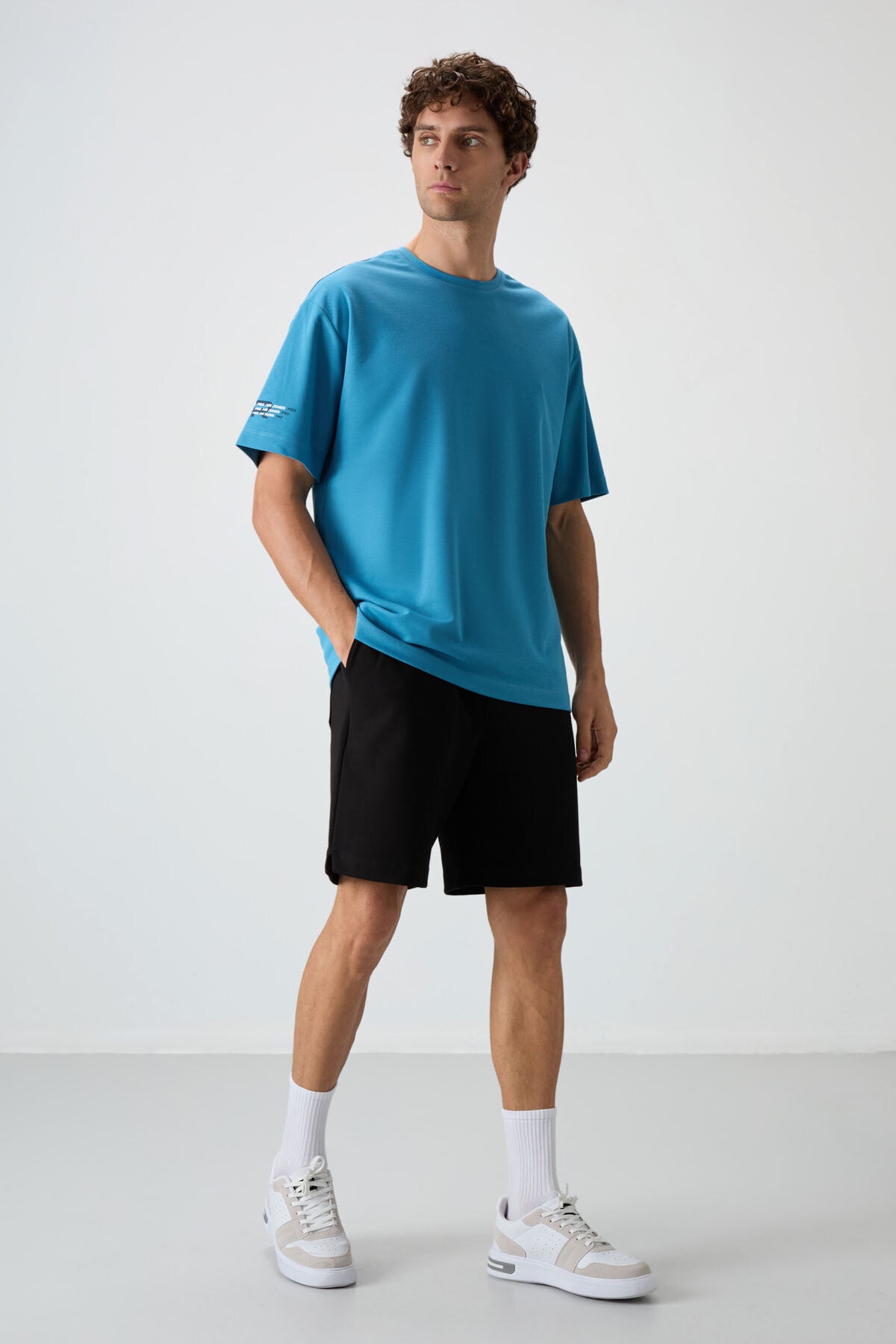 Petrol Blue Cotton Thick Textured Surface Oversize Fit Printed Men's T-Shirt - 88369