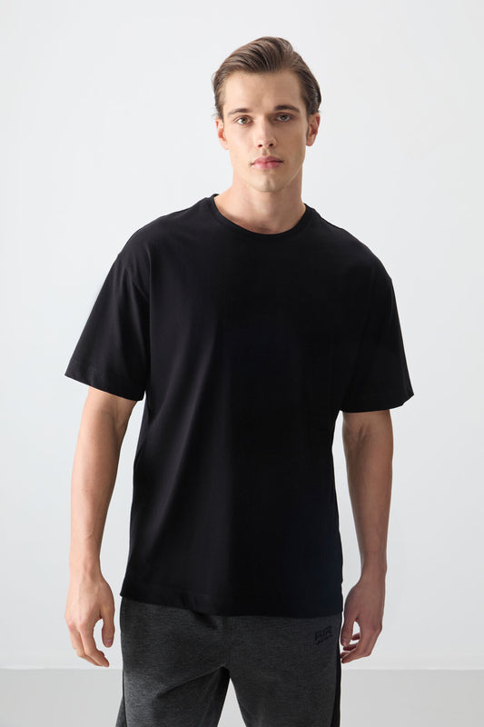 Black %100 Cotton Thick Soft Textured Oversize Fit Basic Men's T-Shirt - 88353