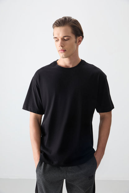 Black %100 Cotton Thick Soft Textured Oversize Fit Basic Men's T-Shirt - 88353