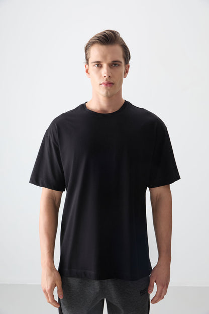 Black %100 Cotton Thick Soft Textured Oversize Fit Basic Men's T-Shirt - 88353