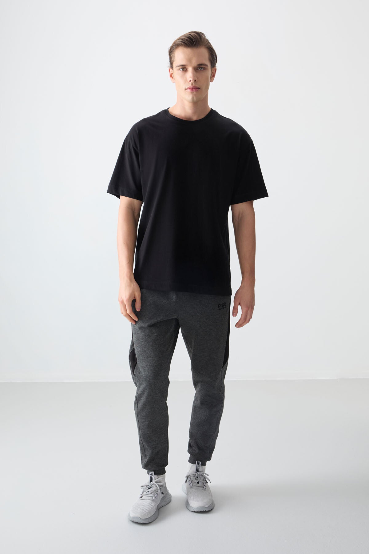 Black %100 Cotton Thick Soft Textured Oversize Fit Basic Men's T-Shirt - 88353