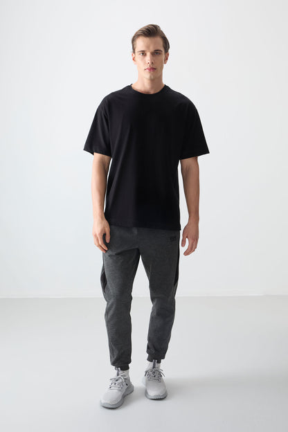 Black %100 Cotton Thick Soft Textured Oversize Fit Basic Men's T-Shirt - 88353