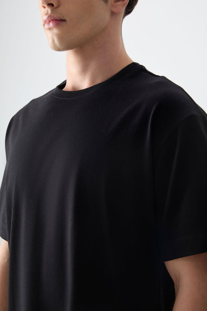 Black %100 Cotton Thick Soft Textured Oversize Fit Basic Men's T-Shirt - 88353
