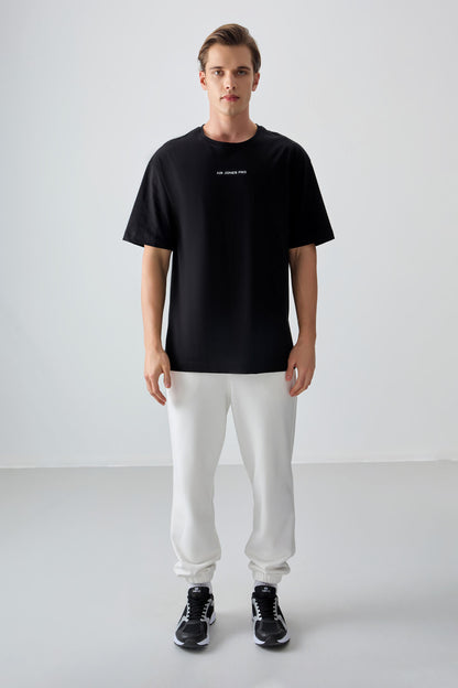 Black %100 Cotton Thick Soft Textured Oversize Fit Printed Men's T-Shirt - 88354