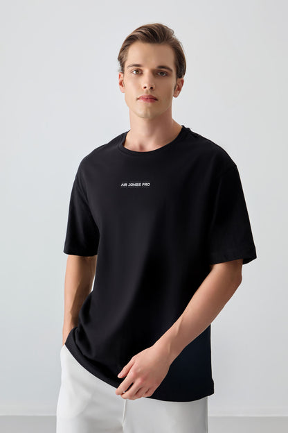 Black %100 Cotton Thick Soft Textured Oversize Fit Printed Men's T-Shirt - 88354