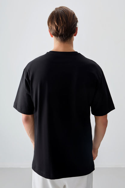 Black %100 Cotton Thick Soft Textured Oversize Fit Printed Men's T-Shirt - 88354