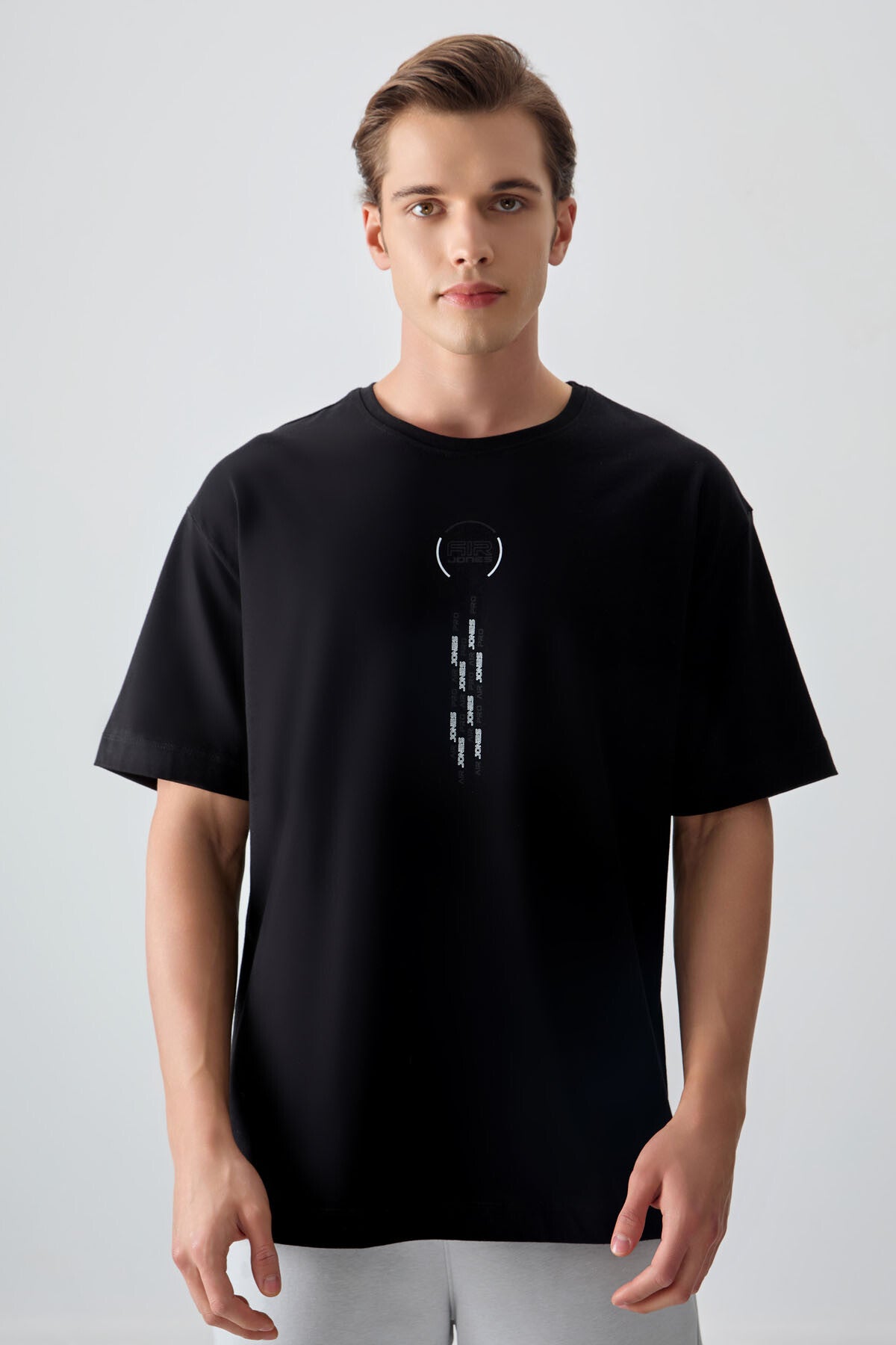 Black %100 Cotton Thick Soft Textured Oversize Fit Printed Men's T-Shirt - 88355