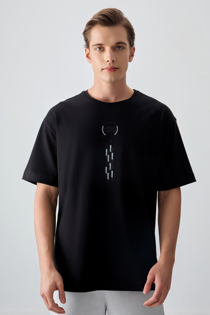 Black %100 Cotton Thick Soft Textured Oversize Fit Printed Men's T-Shirt - 88355