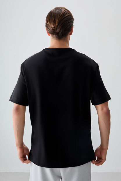 Black %100 Cotton Thick Soft Textured Oversize Fit Printed Men's T-Shirt - 88355