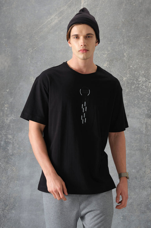 Black %100 Cotton Thick Soft Textured Oversize Fit Printed Men's T-Shirt - 88355