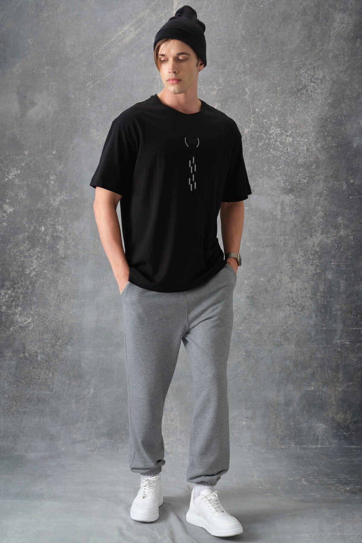 Black %100 Cotton Thick Soft Textured Oversize Fit Printed Men's T-Shirt - 88355