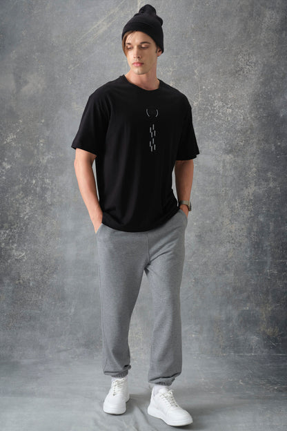 Black %100 Cotton Thick Soft Textured Oversize Fit Printed Men's T-Shirt - 88355