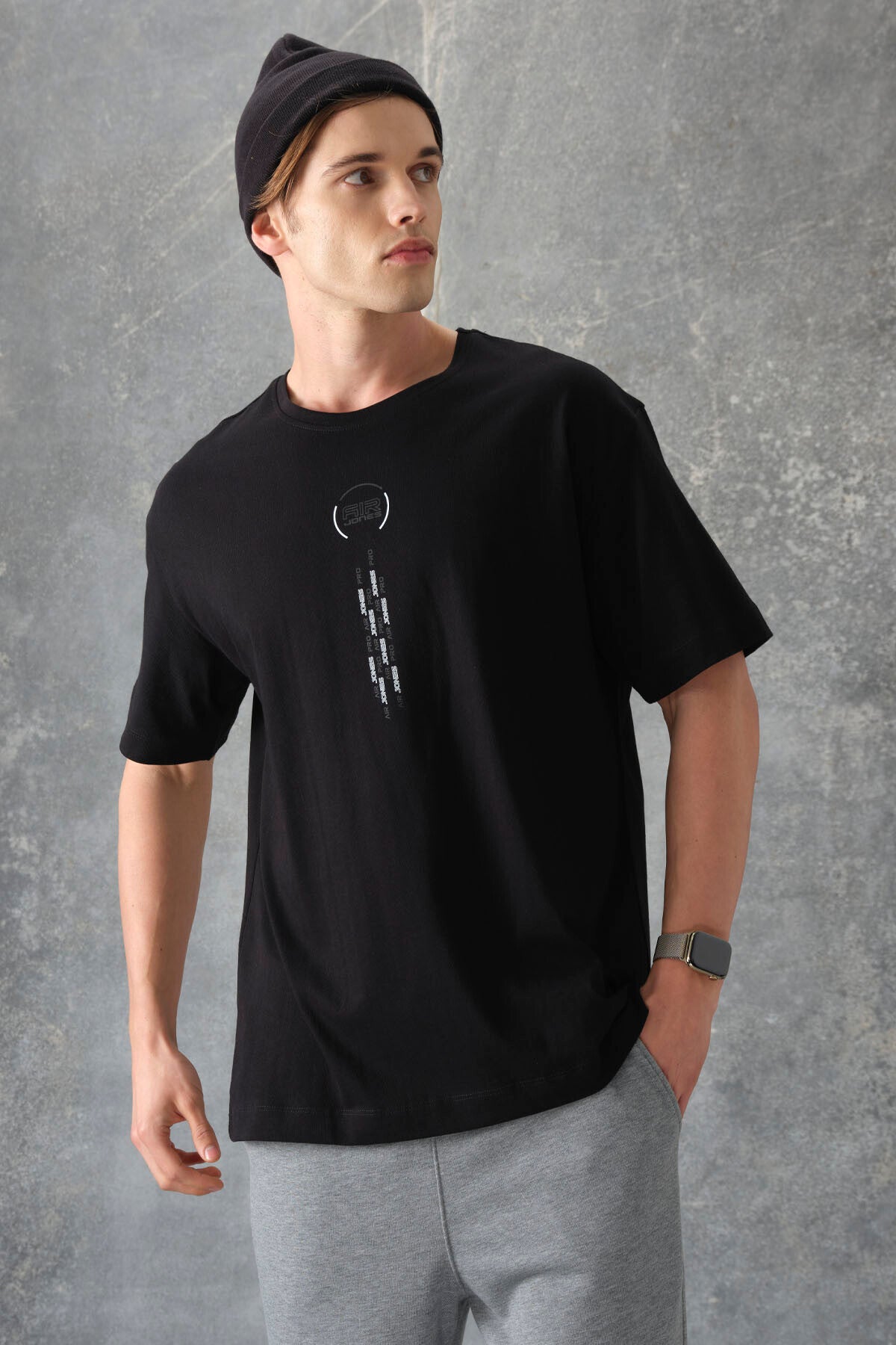 Black %100 Cotton Thick Soft Textured Oversize Fit Printed Men's T-Shirt - 88355