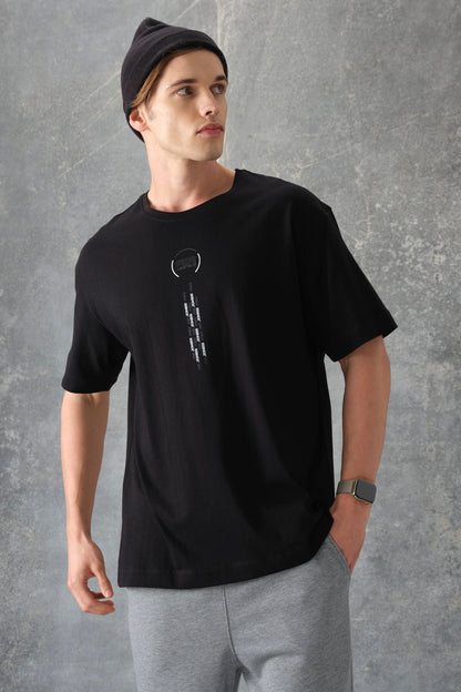 Black %100 Cotton Thick Soft Textured Oversize Fit Printed Men's T-Shirt - 88355