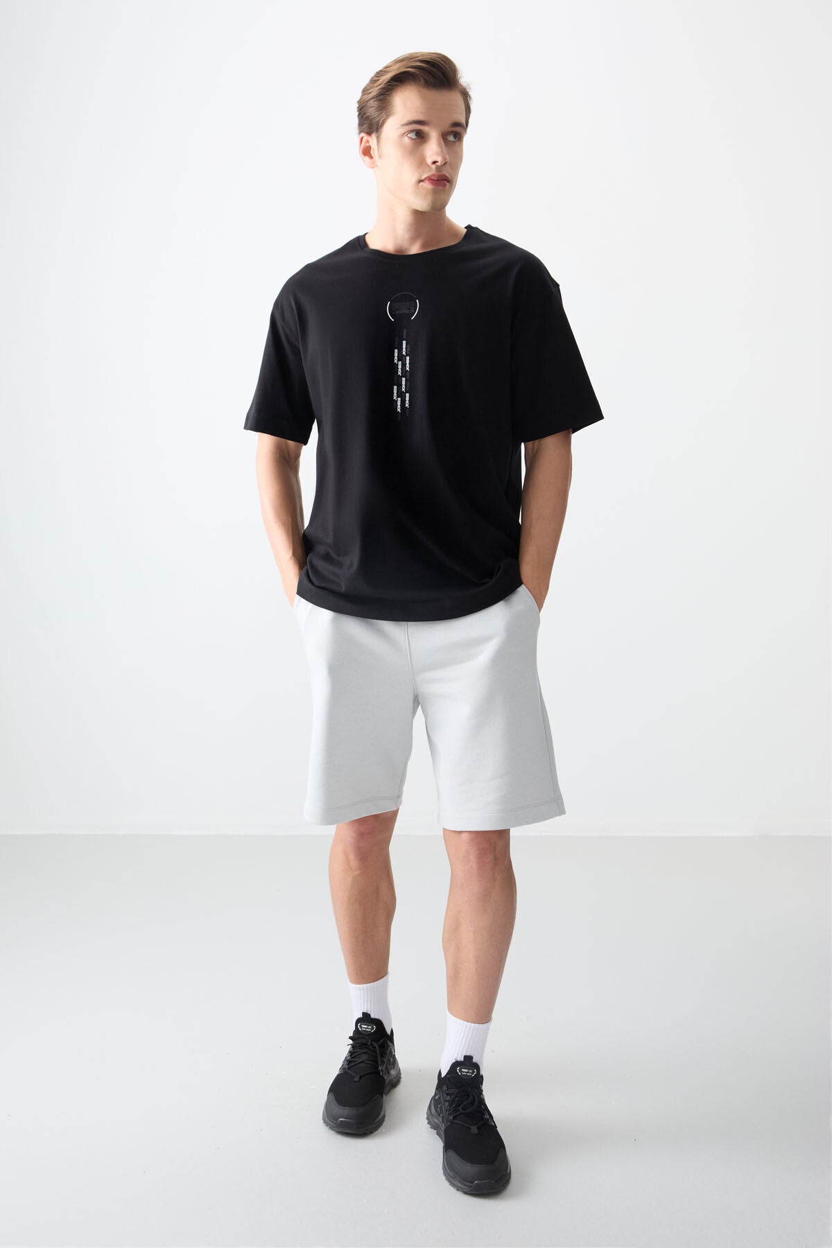 Black %100 Cotton Thick Soft Textured Oversize Fit Printed Men's T-Shirt - 88355