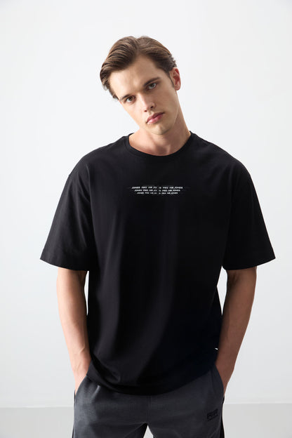 Black %100 Cotton Thick Soft Textured Oversize Fit Printed Men's T-Shirt - 88356