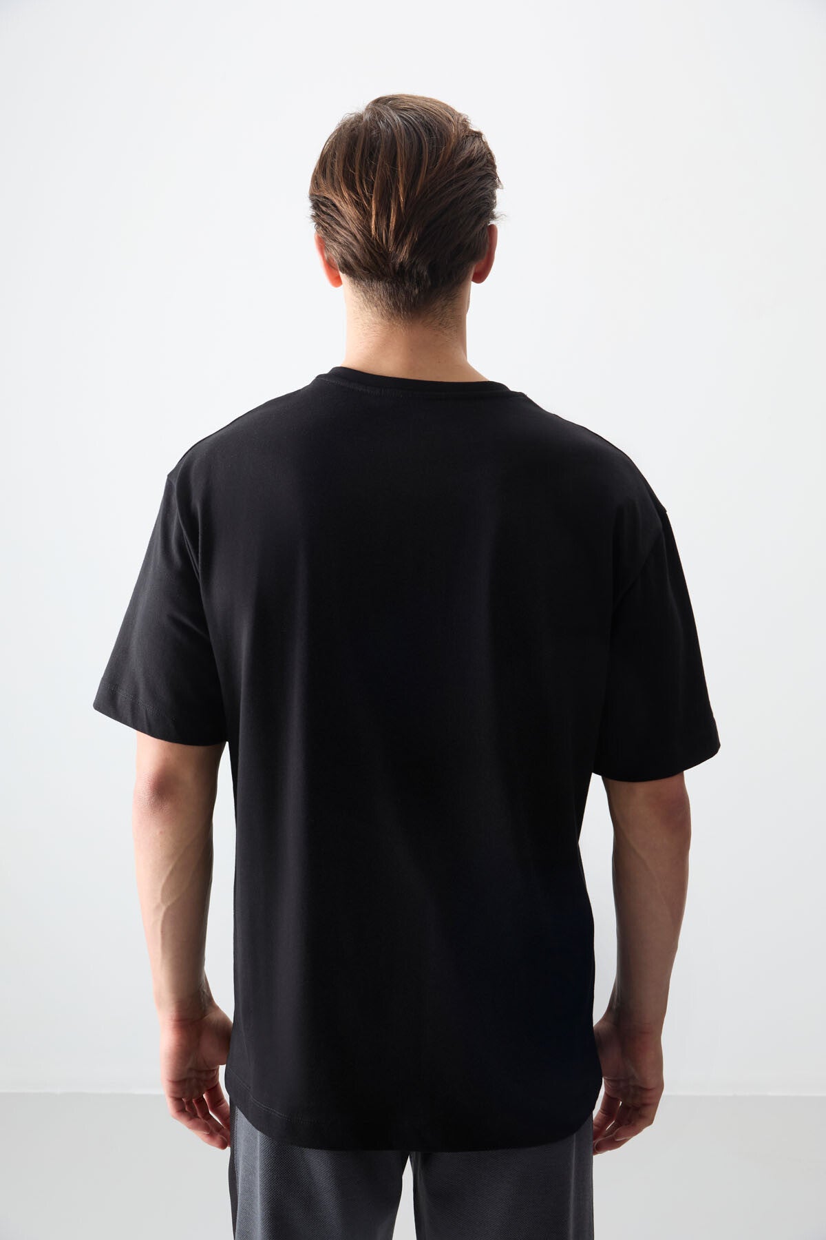 Black %100 Cotton Thick Soft Textured Oversize Fit Printed Men's T-Shirt - 88356