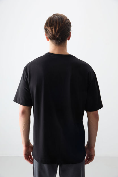 Black %100 Cotton Thick Soft Textured Oversize Fit Printed Men's T-Shirt - 88356