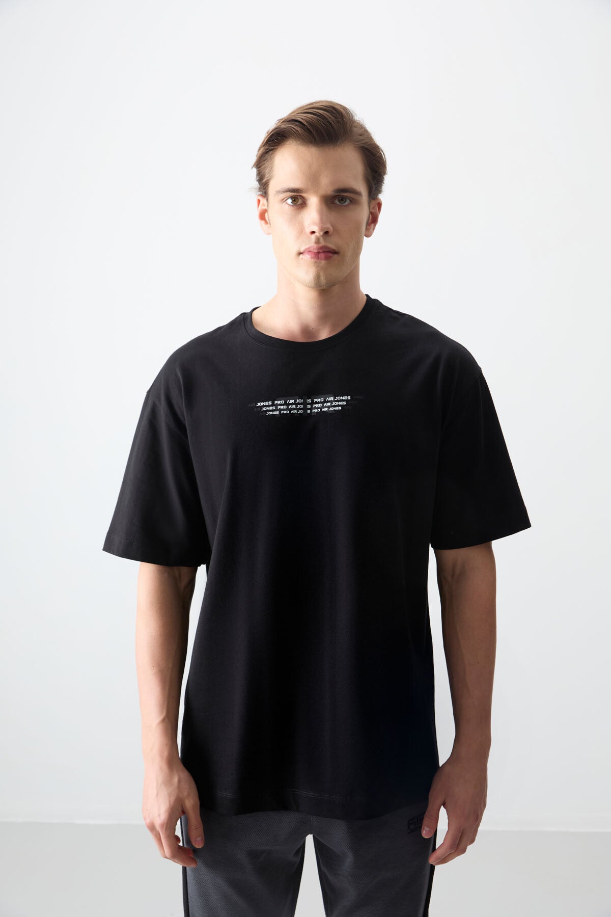 Black %100 Cotton Thick Soft Textured Oversize Fit Printed Men's T-Shirt - 88356