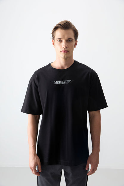 Black %100 Cotton Thick Soft Textured Oversize Fit Printed Men's T-Shirt - 88356
