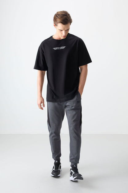 Black %100 Cotton Thick Soft Textured Oversize Fit Printed Men's T-Shirt - 88356