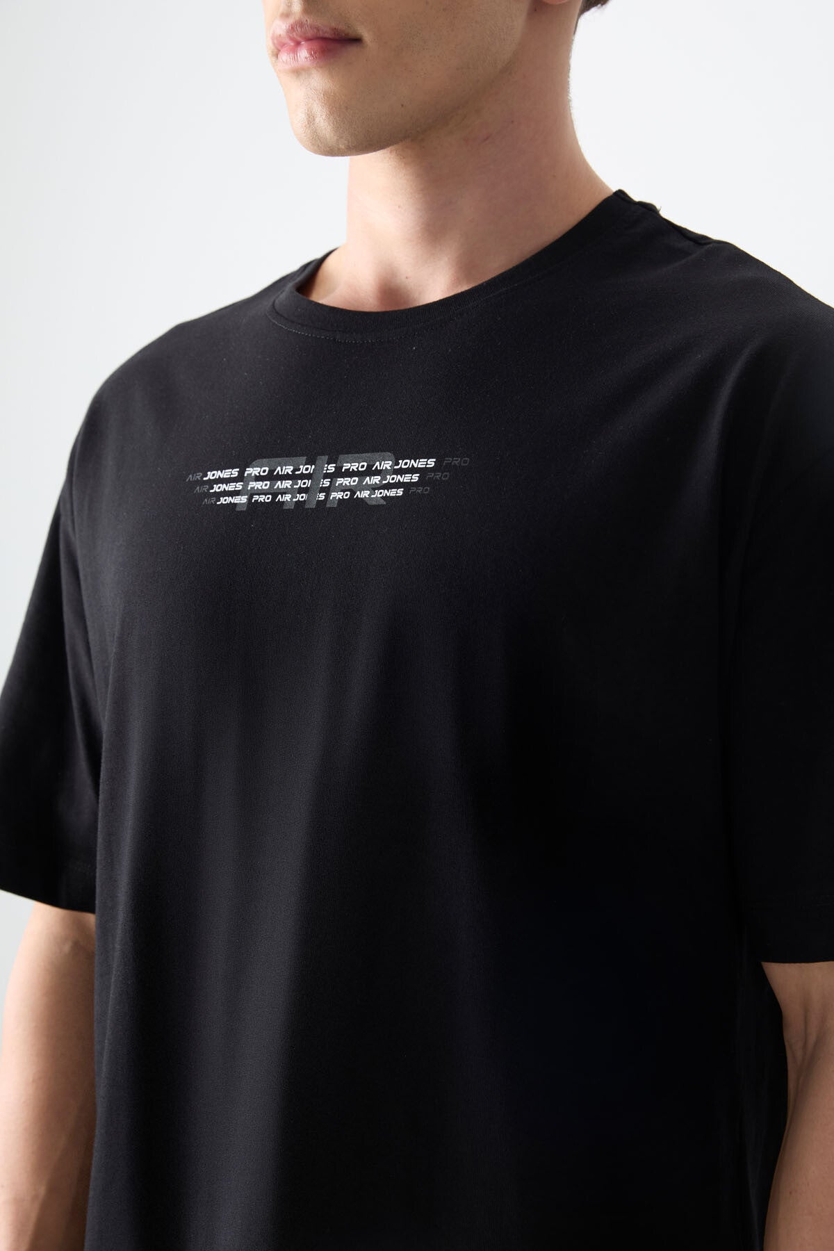 Black %100 Cotton Thick Soft Textured Oversize Fit Printed Men's T-Shirt - 88356