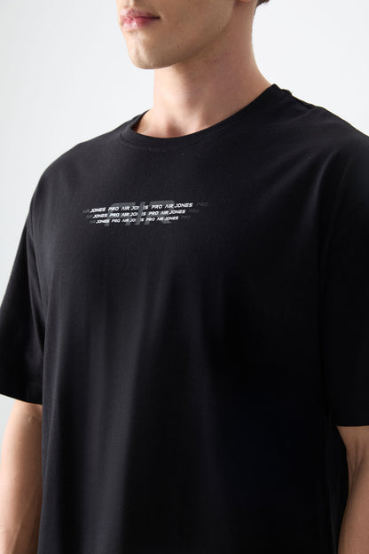 Black %100 Cotton Thick Soft Textured Oversize Fit Printed Men's T-Shirt - 88356