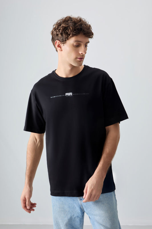 Black %100 Cotton Thick Soft Textured Oversize Fit Printed Men's T-Shirt - 88357