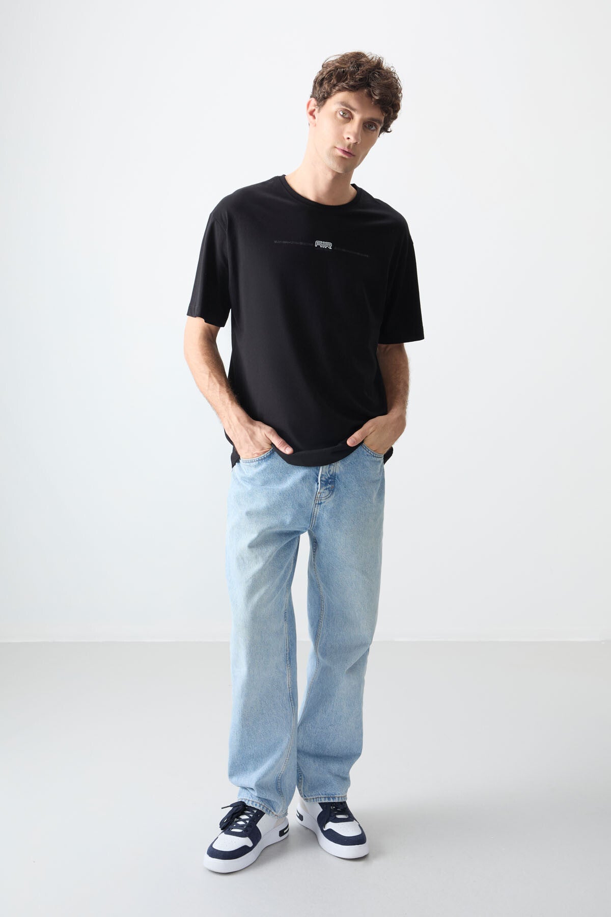 Black %100 Cotton Thick Soft Textured Oversize Fit Printed Men's T-Shirt - 88357