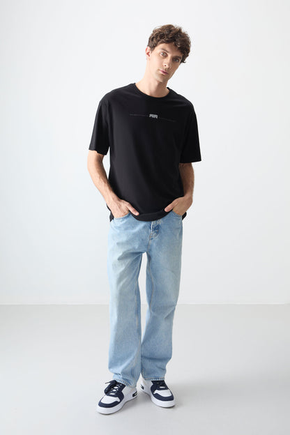 Black %100 Cotton Thick Soft Textured Oversize Fit Printed Men's T-Shirt - 88357