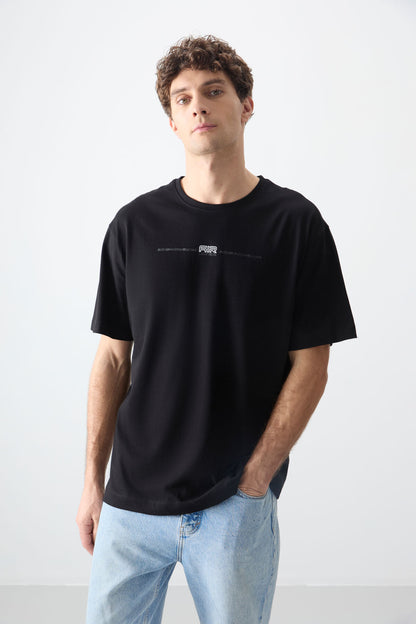 Black %100 Cotton Thick Soft Textured Oversize Fit Printed Men's T-Shirt - 88357
