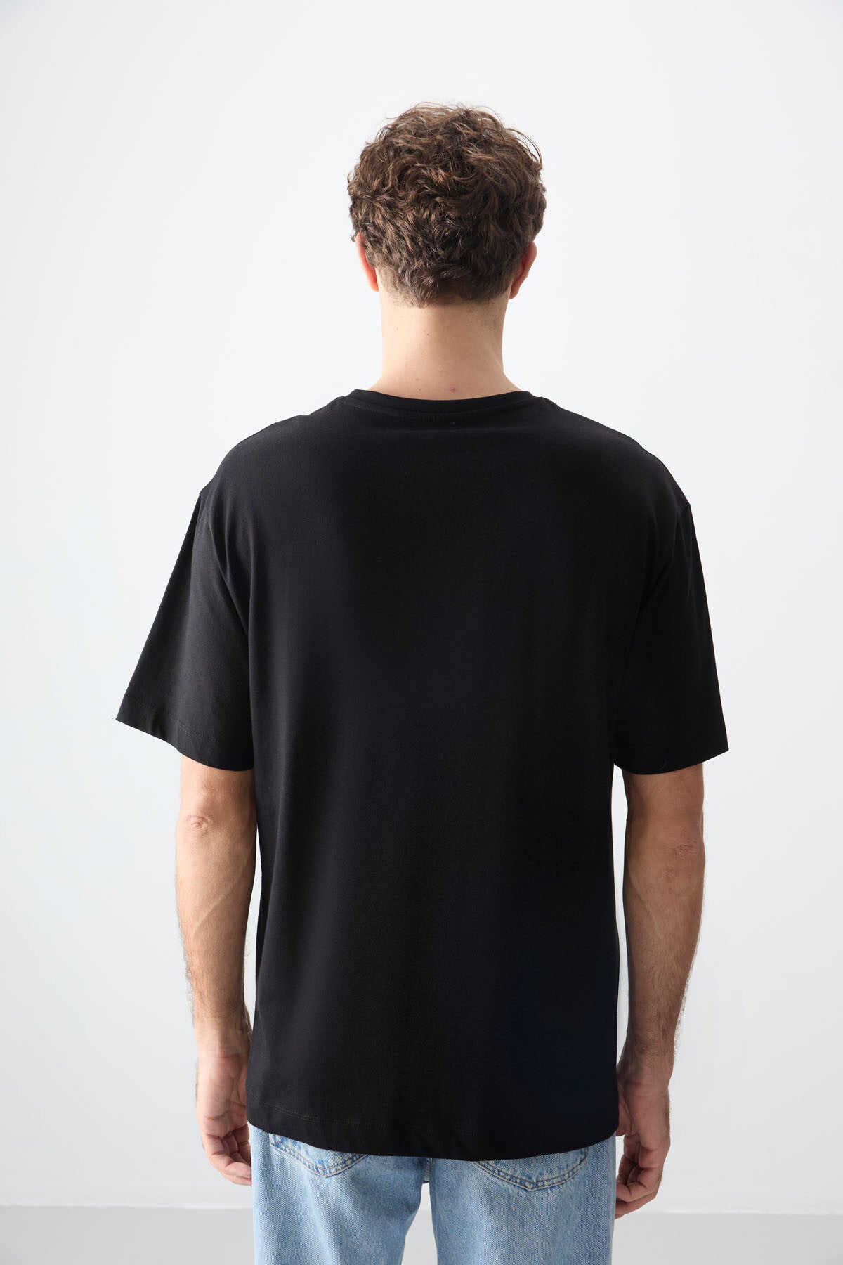 Black %100 Cotton Thick Soft Textured Oversize Fit Printed Men's T-Shirt - 88357