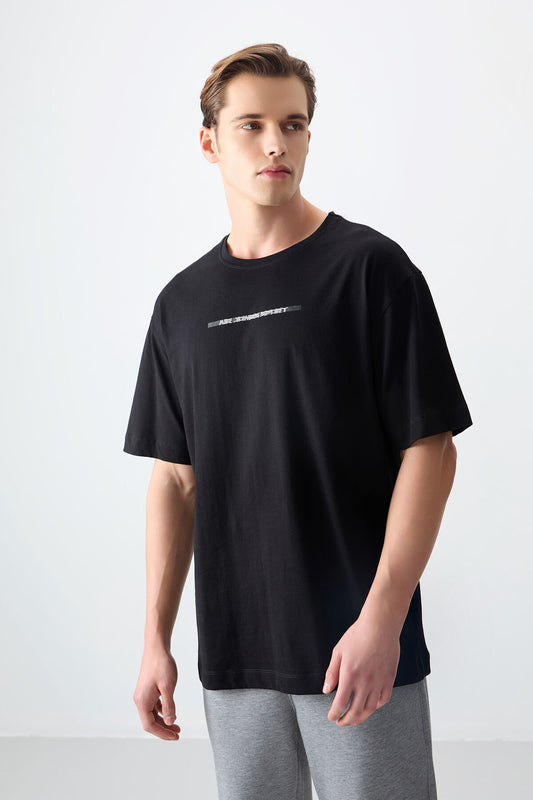 Black 100% Cotton Thick Soft Textured Oversize Fit Printed Men's T-Shirt - 88358