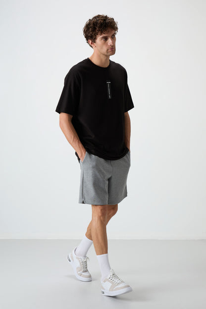 Black %100 Cotton Thick Soft Textured Oversize Fit Printed Men's T-Shirt - 88360