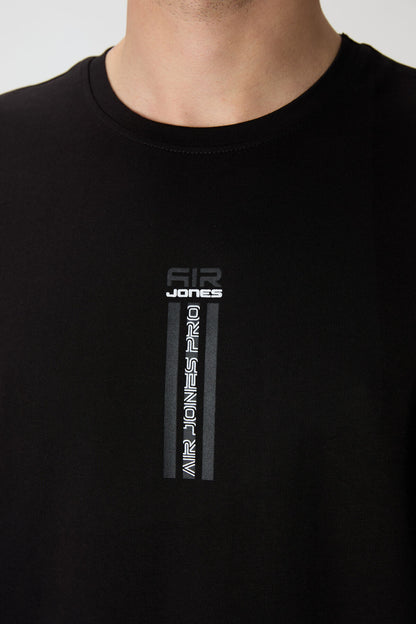 Black %100 Cotton Thick Soft Textured Oversize Fit Printed Men's T-Shirt - 88360