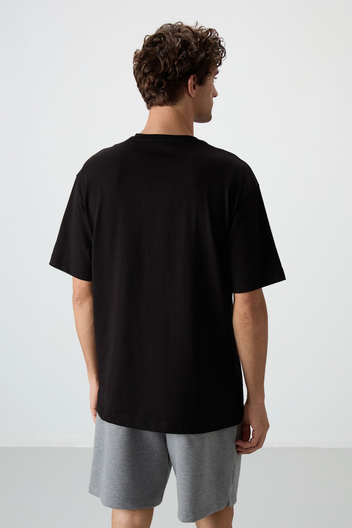Black %100 Cotton Thick Soft Textured Oversize Fit Printed Men's T-Shirt - 88360