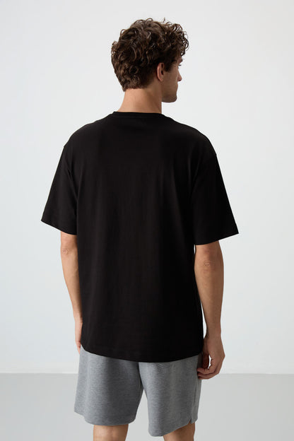 Black %100 Cotton Thick Soft Textured Oversize Fit Printed Men's T-Shirt - 88360