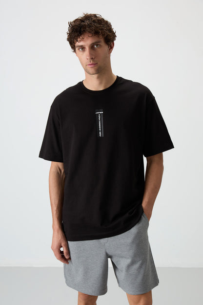 Black %100 Cotton Thick Soft Textured Oversize Fit Printed Men's T-Shirt - 88360