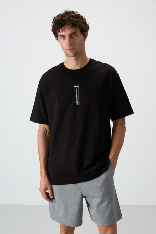 Black %100 Cotton Thick Soft Textured Oversize Fit Printed Men's T-Shirt - 88360