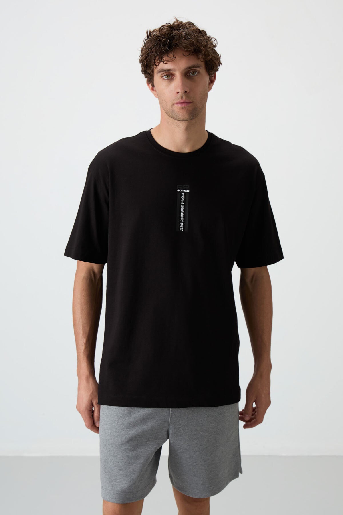 Black %100 Cotton Thick Soft Textured Oversize Fit Printed Men's T-Shirt - 88360