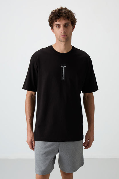Black %100 Cotton Thick Soft Textured Oversize Fit Printed Men's T-Shirt - 88360