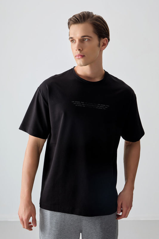 Black Cotton Thick Soft Textured Oversize Fit Printed Men's T-Shirt - 88374