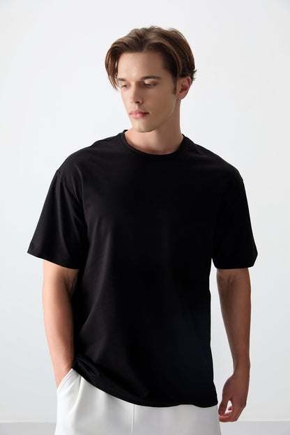 Black Cotton Thick Soft Textured Oversize Fit Basic Men's T-Shirt - 88377