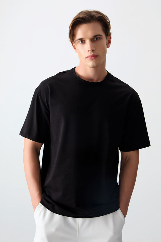 Black Cotton Thick Soft Textured Oversize Fit Basic Men's T-Shirt - 88377